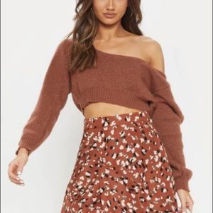 PLT Brown V Neck Off Shoulder Crop Sweater